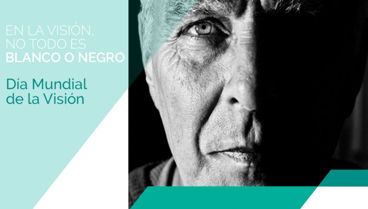 Banner Día Mundial de la Visión, hombre mayor en blanco y negro